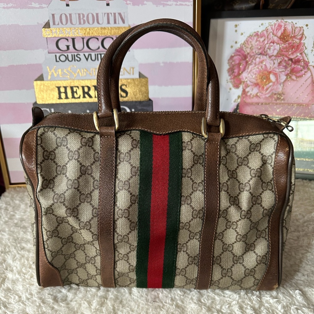 Gucci Supreme Sherry Line Web Monogram Boston Bag